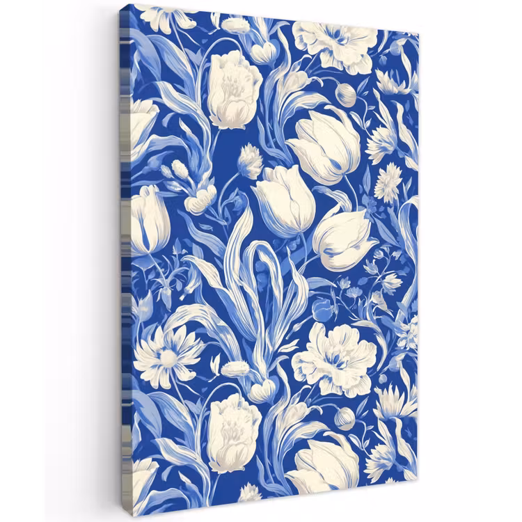Bloemen - Delfts Blauw - Patroon - Tulp Tuinposter op houten frame 2 cm dik klein -3d