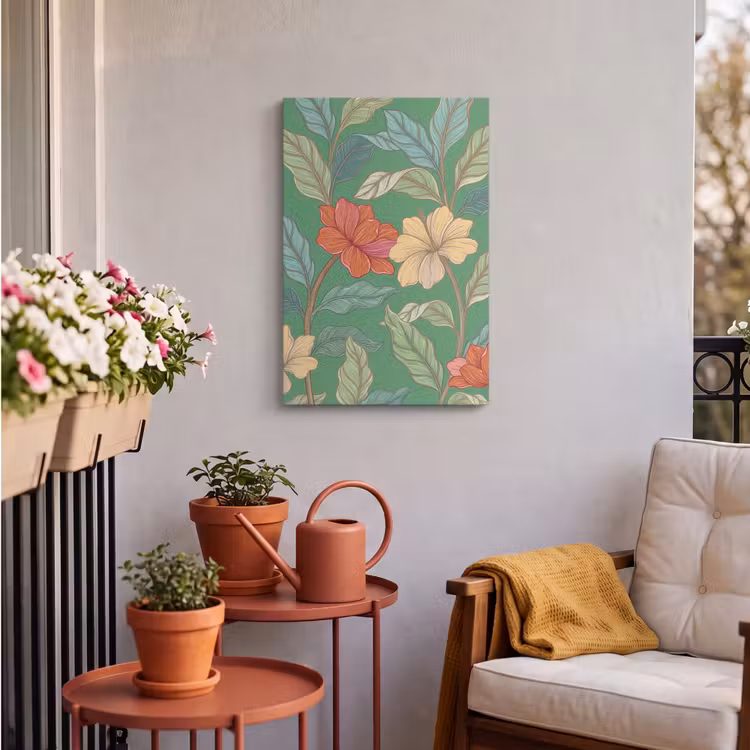 Outdoor Canvas Print - Flowers - Greenery - Illustration - Bloemen - Groen - Illustratie Tuinposter op houten frame 2 cm dik klein