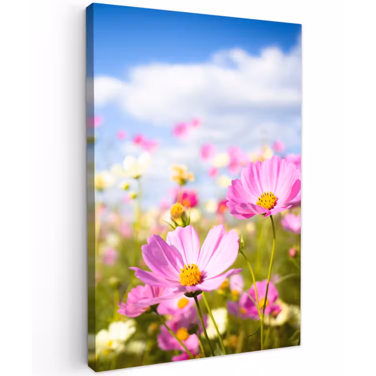 Bloemen - Wei - Paars - Gras - Wit - Wolken - Blauw Tuinposter op houten frame 2 cm dik klein -3d