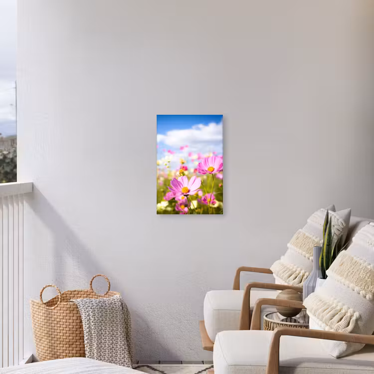 Bloemen - Wei - Paars - Gras - Wit - Wolken - Blauw Tuinposter op houten frame 2 cm dik klein -sfeer1
