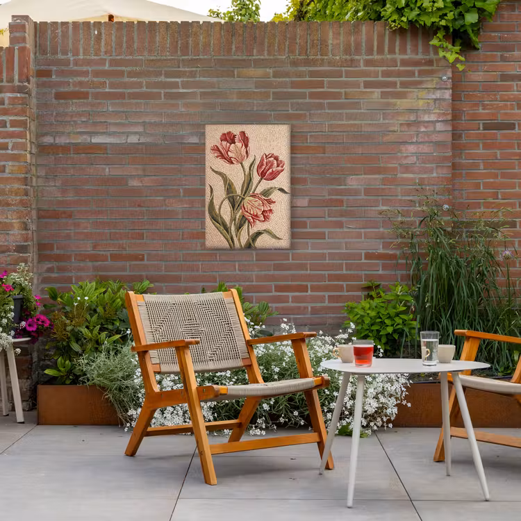 Bloemen - Mozaïek - Rood - Groen - Kunst Tuinposter op houten frame 2 cm dik klein -sfeer3