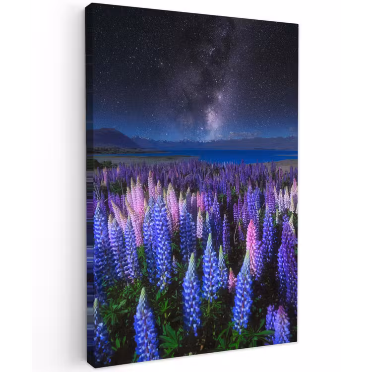 Bloemen - Nacht - Lupine - Sterrenhemel - Paars - Natuur Tuinposter op houten frame 2 cm dik klein -3d