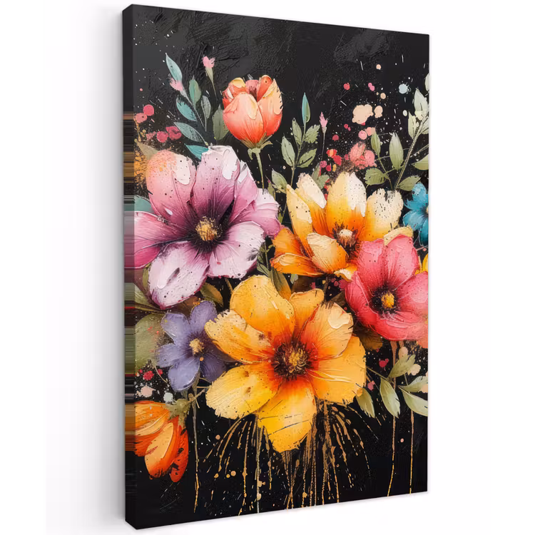 Bloemenpracht op Zwarte Achtergrond Tuinposter op houten frame 2 cm dik klein -3d