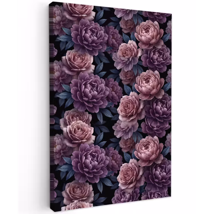 Bloemen - Patroon - Donker - Botanisch - Paars Tuinposter op houten frame 2 cm dik klein -3d