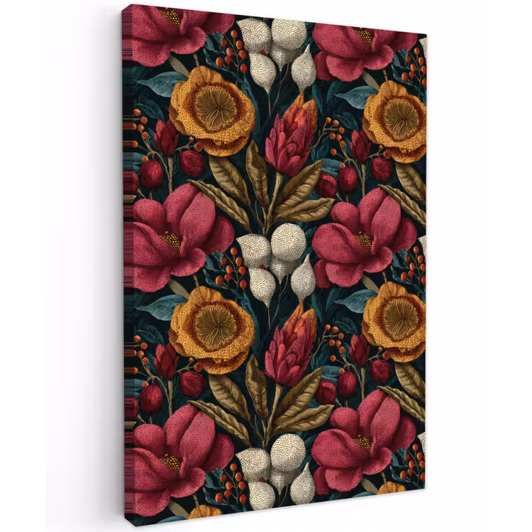 Bloemen - Patroon - Rood - Goud Tuinposter op houten frame 2 cm dik klein 841 -3d