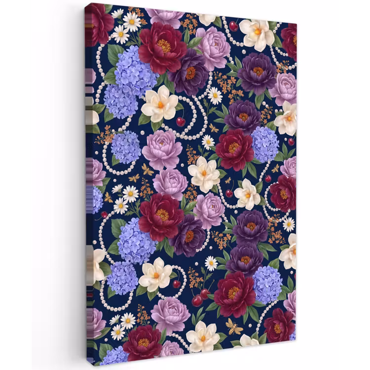 Bloemen - Parels - Decoratie - Modern - Blauw Tuinposter op houten frame 2 cm dik klein -3d