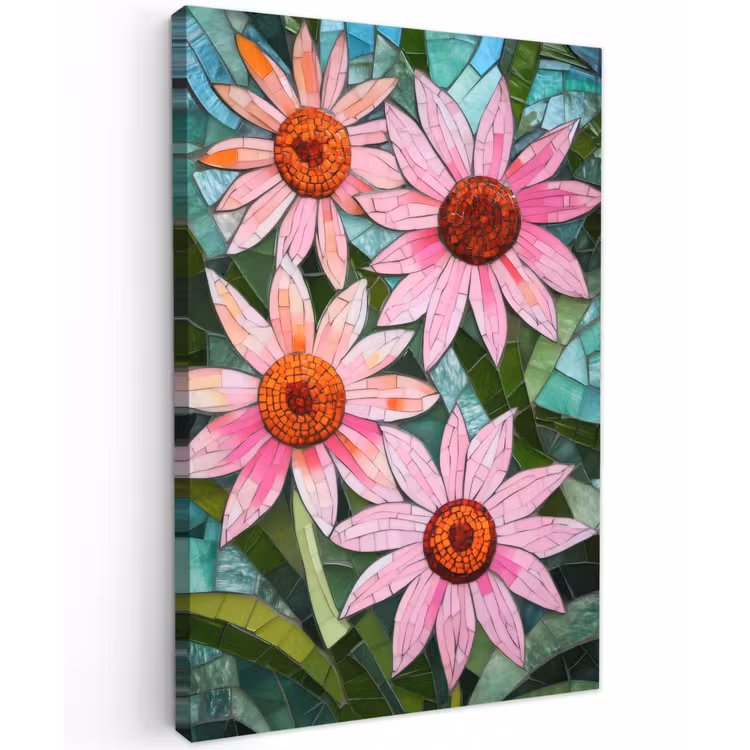 Bloemen - Roze - Glasmozaïek Tuinposter op houten frame 2 cm dik klein -3d