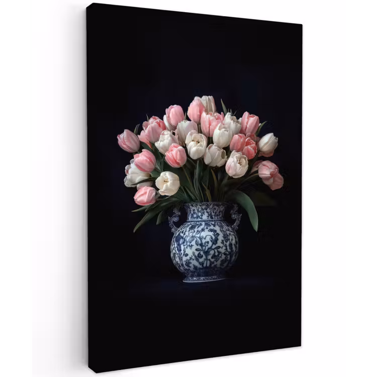 Bloemen - Roze - Tulpen - Vaas Tuinposter op houten frame 2 cm dik klein -3d