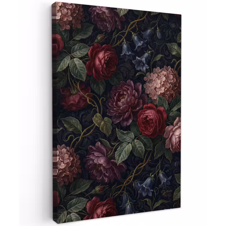 Bloemen - Rood - Klassiek - Donker - Patroon Tuinposter op houten frame 2 cm dik klein -3d