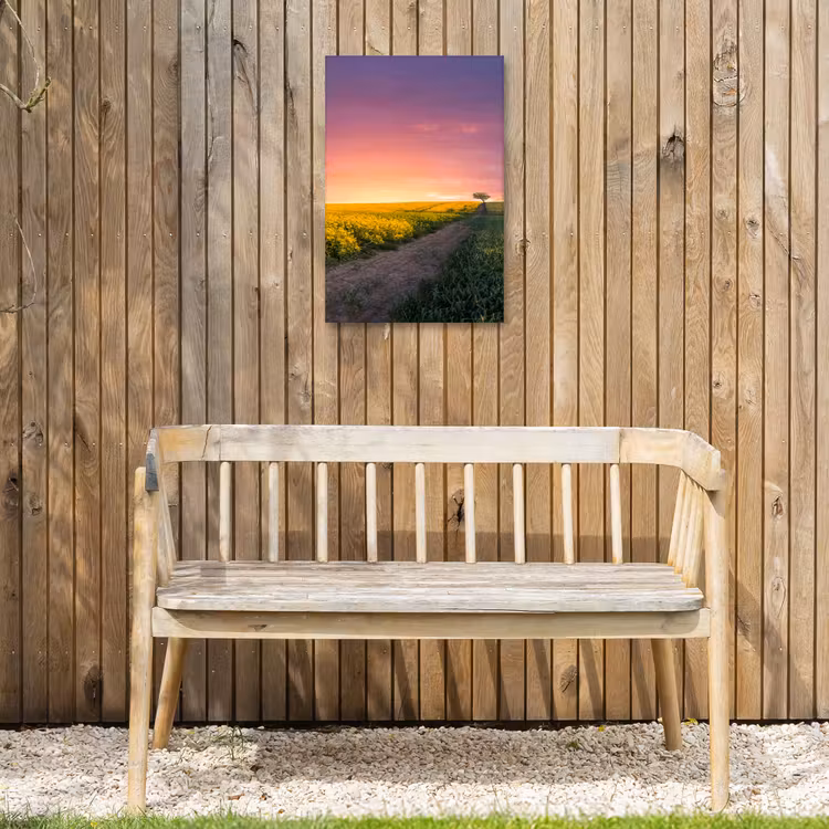 Bloemen - Weg - Lucht - Geel - Paars - Zonsondergang - Natuur Tuinposter op houten frame 2 cm dik klein -sfeer4