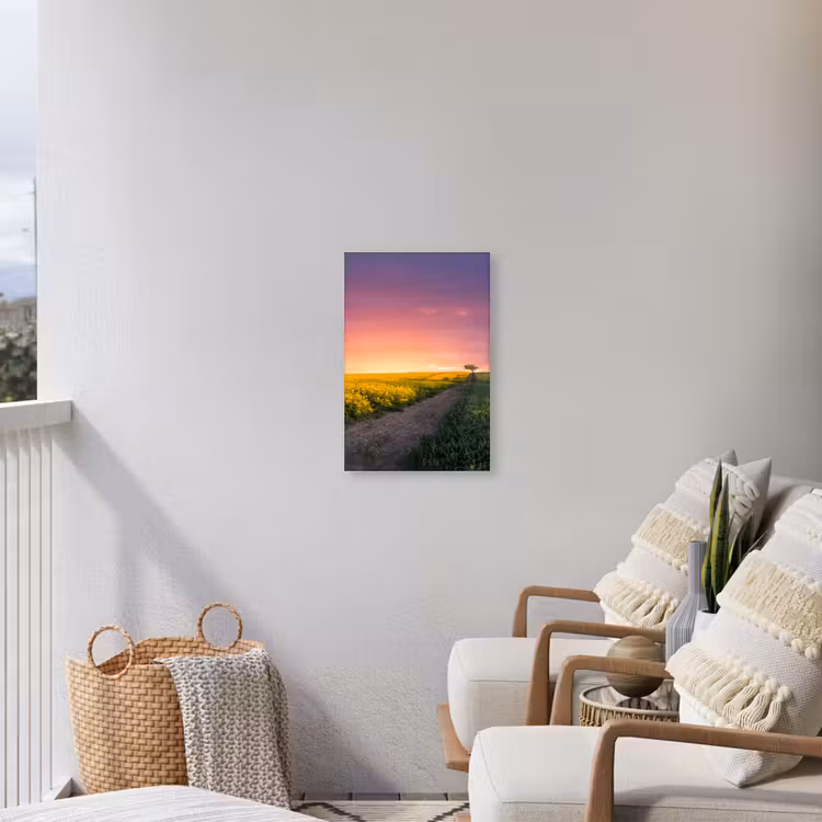 Bloemen - Weg - Lucht - Geel - Paars - Zonsondergang - Natuur Tuinposter op houten frame 2 cm dik klein -sfeer1