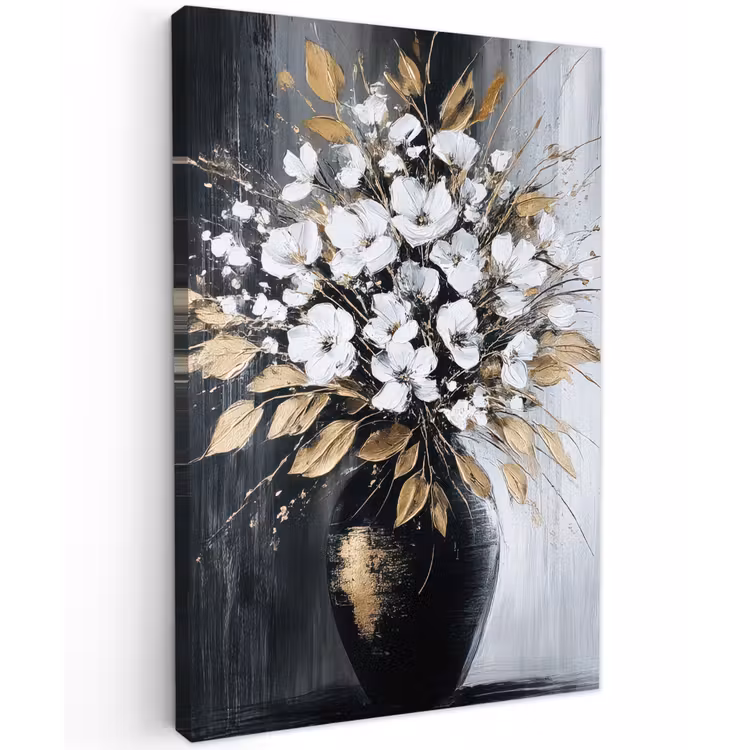 Bloemen - Wit - Vaas - Abstract Tuinposter op houten frame 2 cm dik klein -3d