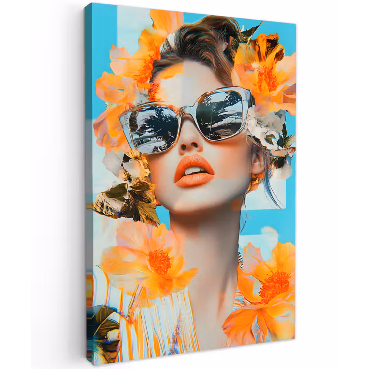 Bloemen - Vrouw - Zonnebril - Blauw Tuinposter op houten frame 2 cm dik klein -3d