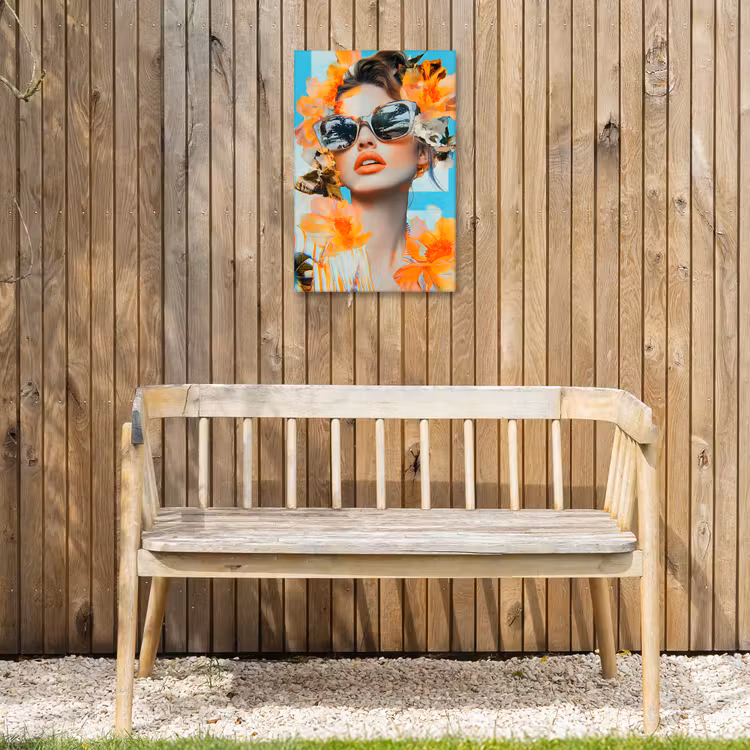 Bloemen - Vrouw - Zonnebril - Blauw Tuinposter op houten frame 2 cm dik klein -sfeer4