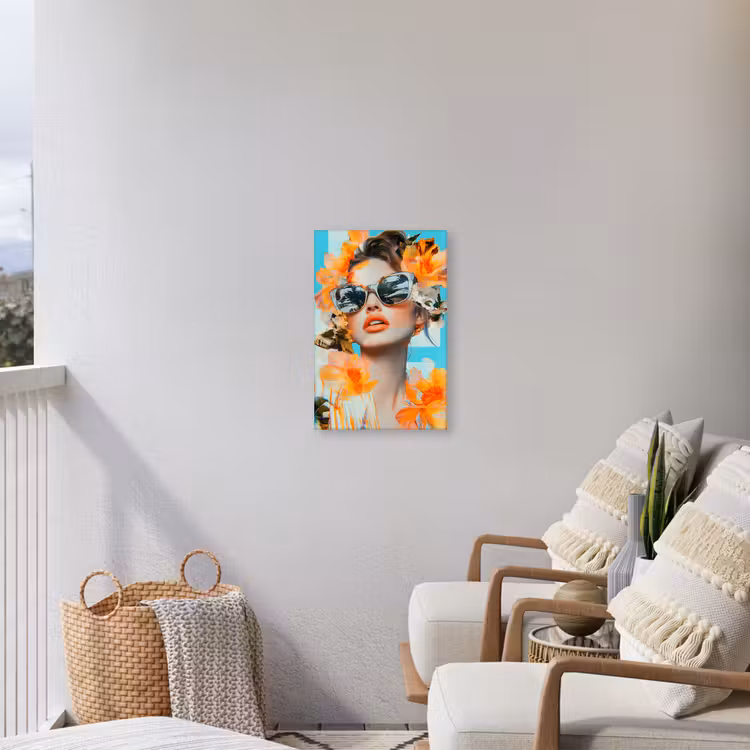 Bloemen - Vrouw - Zonnebril - Blauw Tuinposter op houten frame 2 cm dik klein -sfeer1
