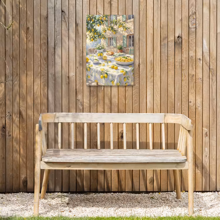 Eten - Terras - Zomer - Geschilderd - Geel Tuinposter op houten frame 2 cm dik klein -sfeer4