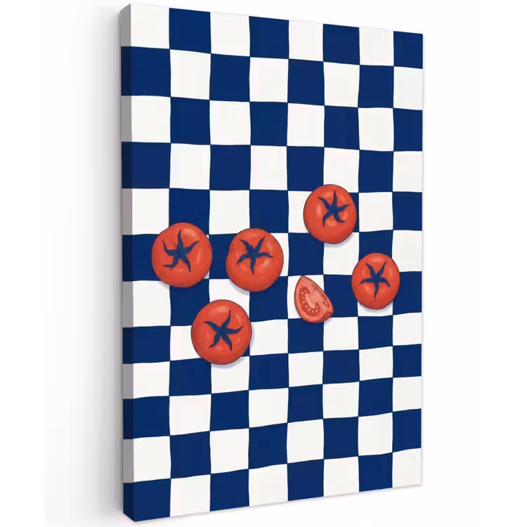 Eten - Tomaten - Keuken - Illustratie - Rood-Blauw Tuinposter op houten frame 2 cm dik klein -3d