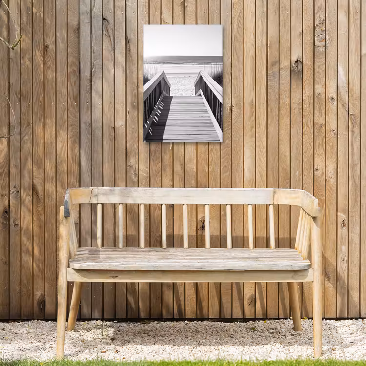 Loopbrug - Hout - Strand - Zee Tuinposter op houten frame 2 cm dik klein -sfeer4