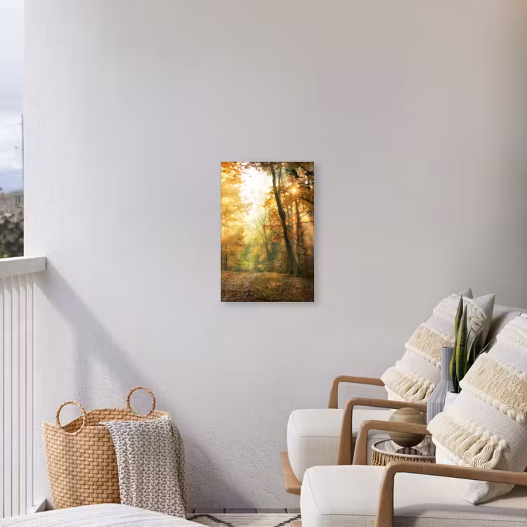 Bos - Herfst - Zon - Landschap - Natuur - Bomen - Bladeren Tuinposter op houten frame 2 cm dik klein -sfeer1