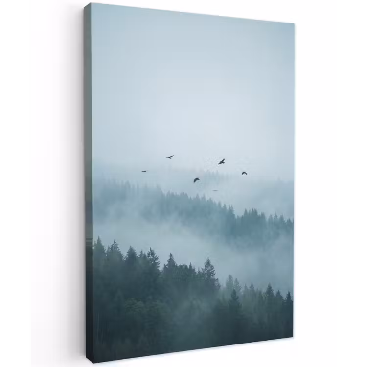 Bos - Mist - Vogels - Natuur - Groen Tuinposter op houten frame 2 cm dik klein -3d