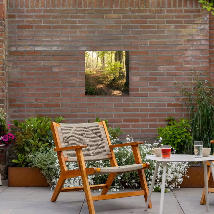 Bospad bij zonsopgang Tuinposter op houten frame 2 cm dik klein -sfeer3