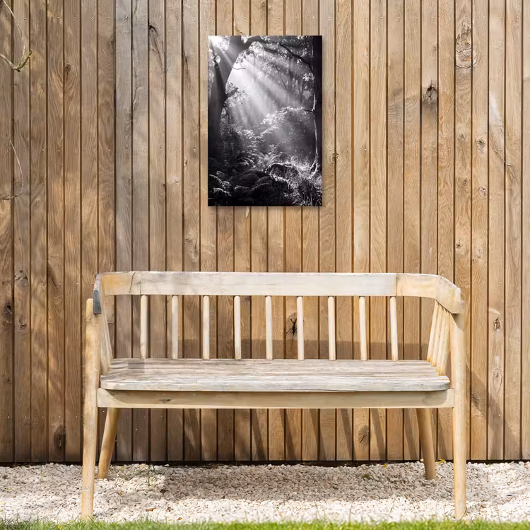 Bos - Lichtstralen - Natuur - Zwart-wit Tuinposter op houten frame 2 cm dik klein -sfeer4
