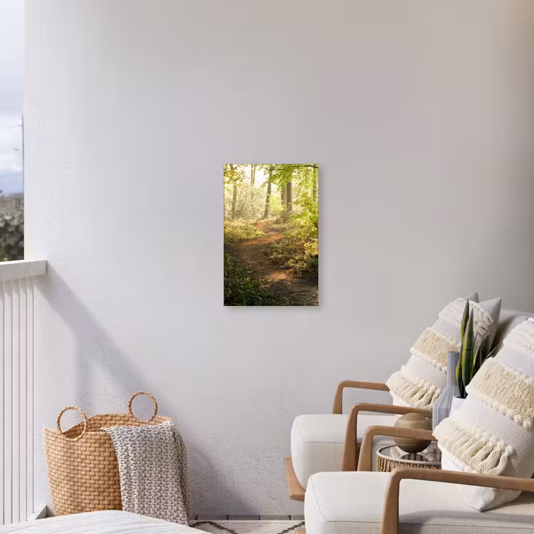 Bos - Bomen - Pad - Zon - Planten - Bladeren - Natuur Tuinposter op houten frame 2 cm dik klein -sfeer1