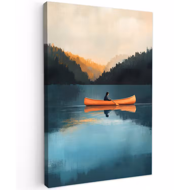Bossen - Meer - Kano - Oranje Tuinposter op houten frame 2 cm dik klein -3d