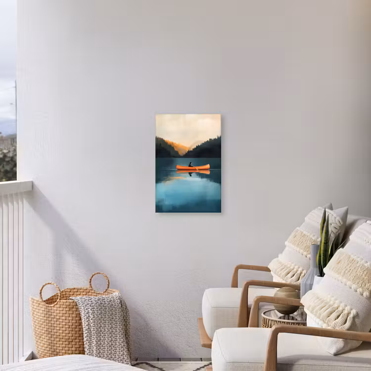 Bossen - Meer - Kano - Oranje Tuinposter op houten frame 2 cm dik klein -sfeer1
