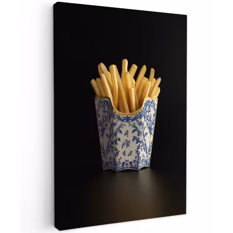 Friet - Porselein - Delfts blauw - Eten Tuinposter op houten frame 2 cm dik klein -3d