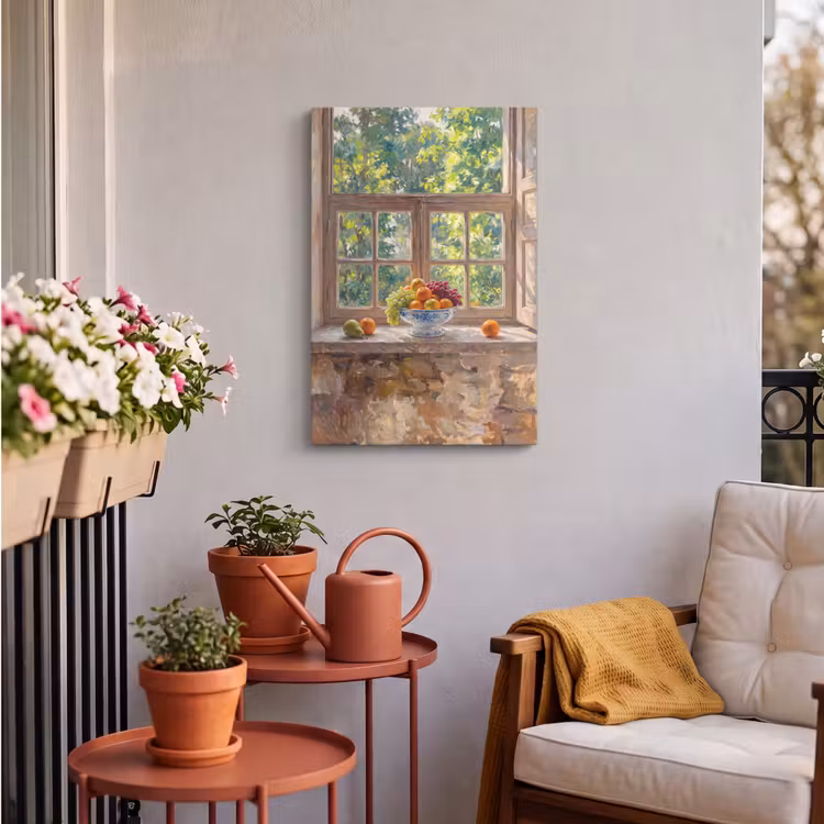 Outdoor Canvas Print - Fruit - Windowsill - Nature - Fruit - Vensterbank - Natuur Tuinposter op houten frame 2 cm dik klein