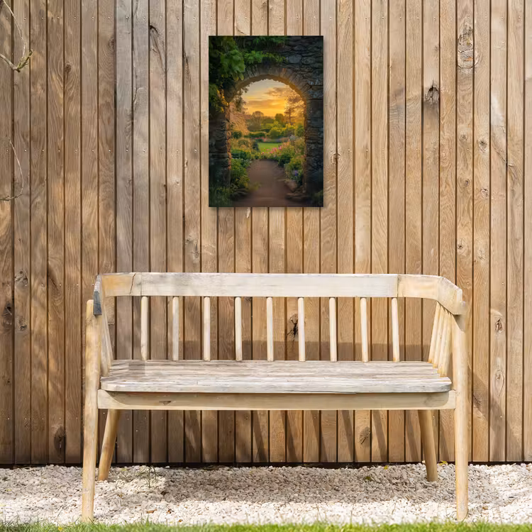 Poort - Planten - Zonsondergang Tuinposter op houten frame 2 cm dik klein -sfeer4
