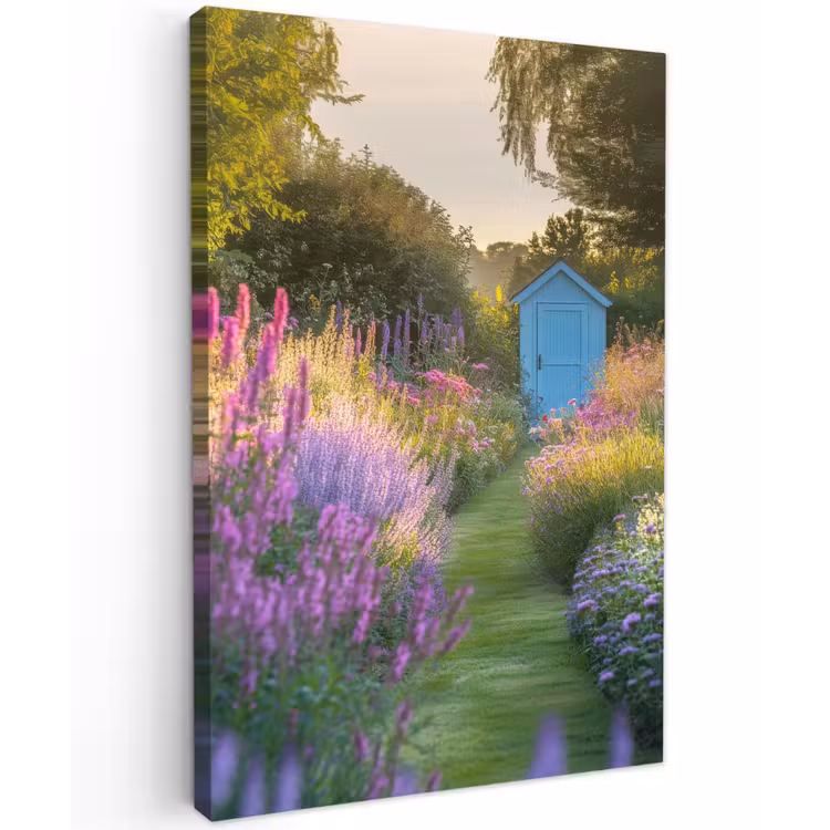 Tuinhuisje - Blauw - Bloemen Tuinposter op houten frame 2 cm dik klein -3d