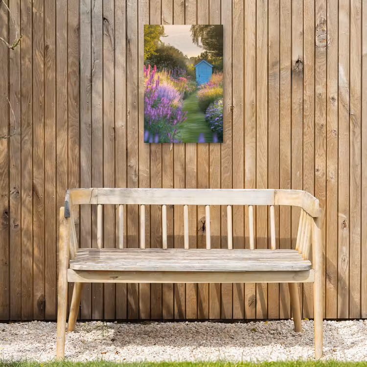 Tuinhuisje - Blauw - Bloemen Tuinposter op houten frame 2 cm dik klein -sfeer4