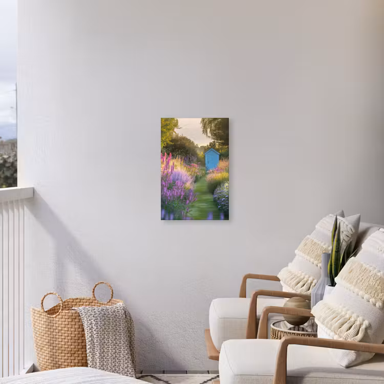 Tuinhuisje - Blauw - Bloemen Tuinposter op houten frame 2 cm dik klein -sfeer1