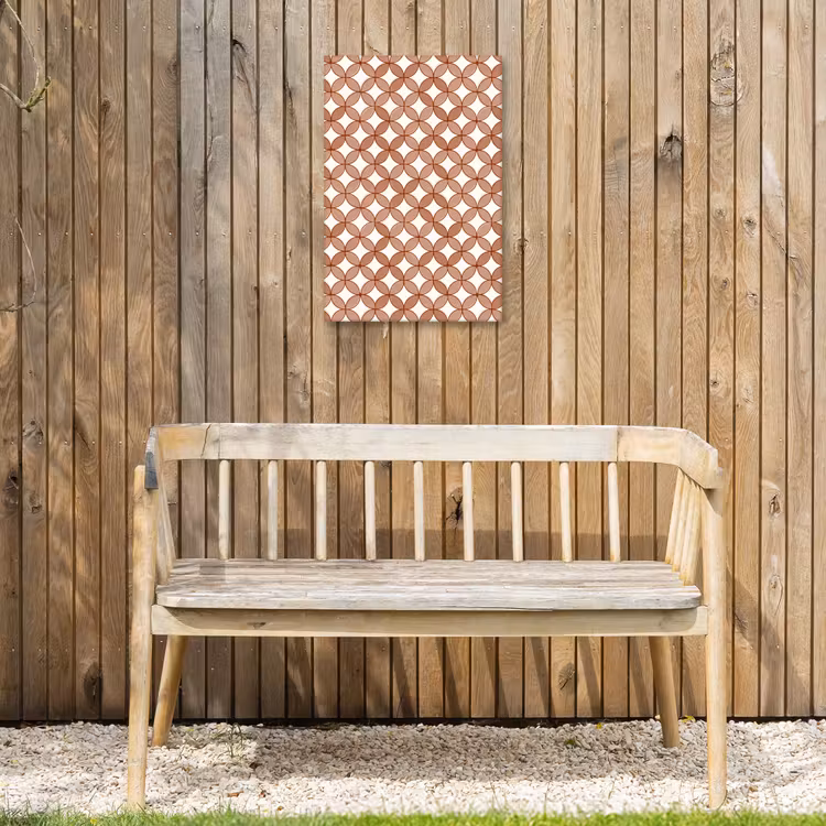 Geometrisch - Cirkels - Modern - Terracotta Tuinposter op houten frame 2 cm dik klein 841 -sfeer4