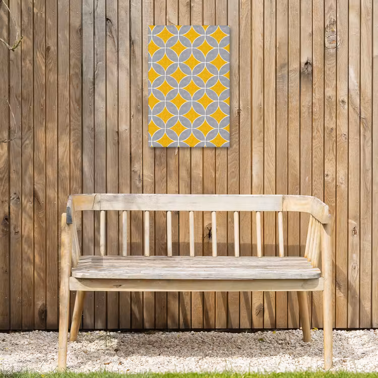 Geometrisch - Cirkels - Textuur - Grijs - Geel Tuinposter op houten frame 2 cm dik klein 841 -sfeer4