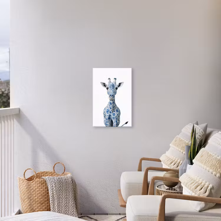 Giraffe - Delfts blauw - Dieren - Minimalistisch Tuinposter op houten frame 2 cm dik klein -sfeer1