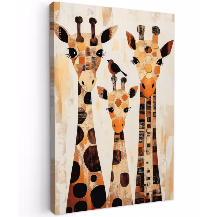 Giraffen - Cartoon - Crème Tuinposter op houten frame 2 cm dik klein -3d