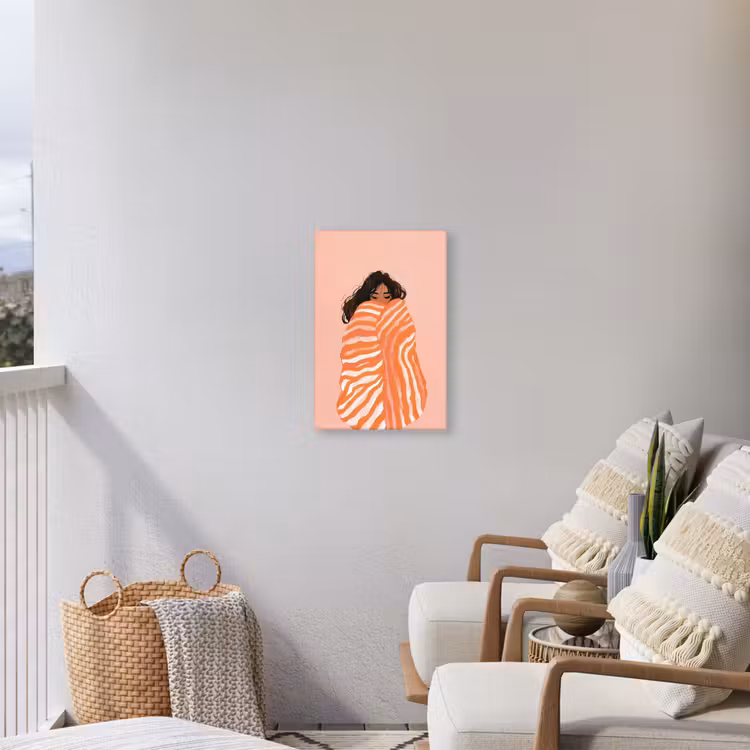 Meisje - Deken - Gestreept - Oranje Tuinposter op houten frame 2 cm dik klein -sfeer1