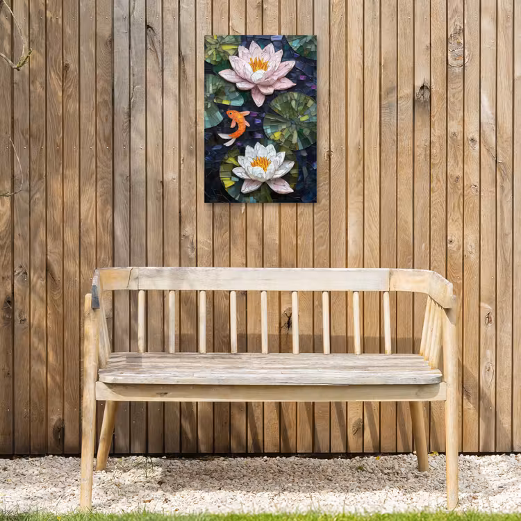 Glasstukjes - Leliebladeren - Vis - Oranje Tuinposter op houten frame 2 cm dik klein -sfeer4