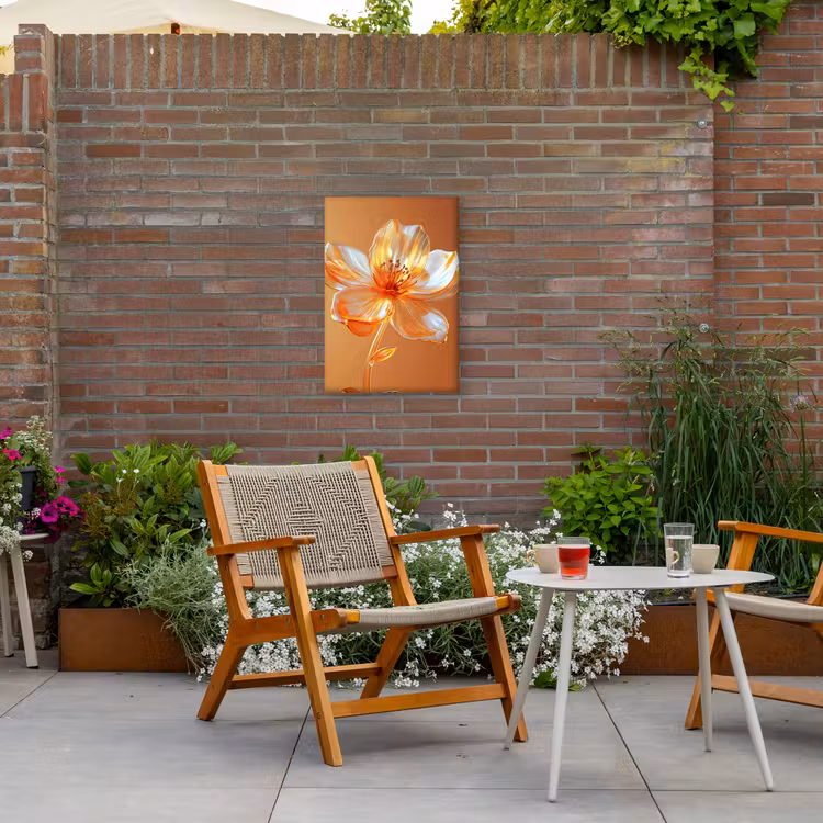 Glazen - Bloem - Oranje Tuinposter op houten frame 2 cm dik klein -sfeer3