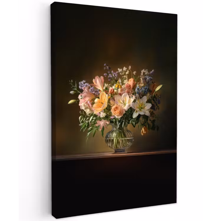 Glazen - Bloemen - Boeket - Kleuren Tuinposter op houten frame 2 cm dik klein -3d