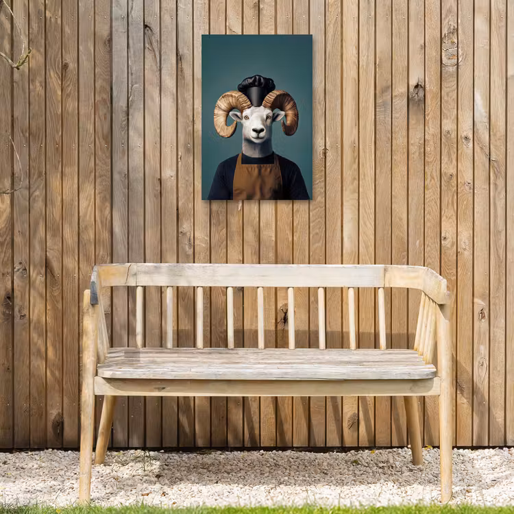 Geit - Hoorns - Kokskleding Tuinposter op houten frame 2 cm dik klein -sfeer4