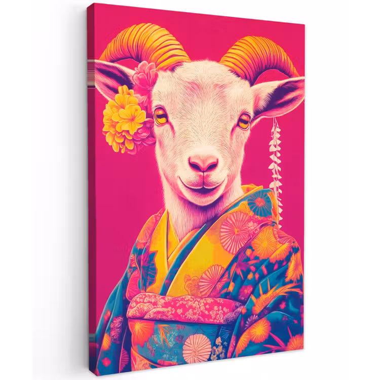 Geit - Hoorns - Kimono - Kleurrijk Tuinposter op houten frame 2 cm dik klein -3d