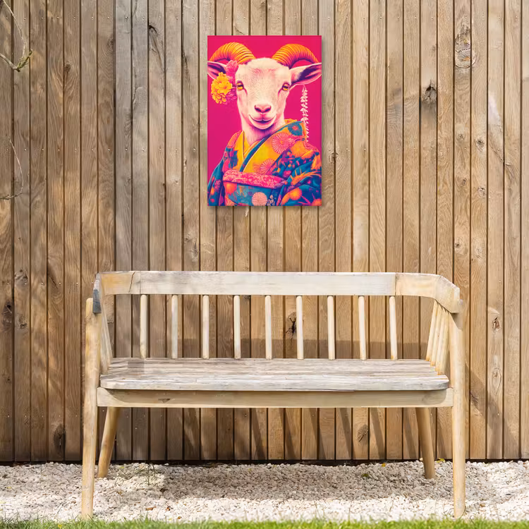 Geit - Hoorns - Kimono - Kleurrijk Tuinposter op houten frame 2 cm dik klein -sfeer4