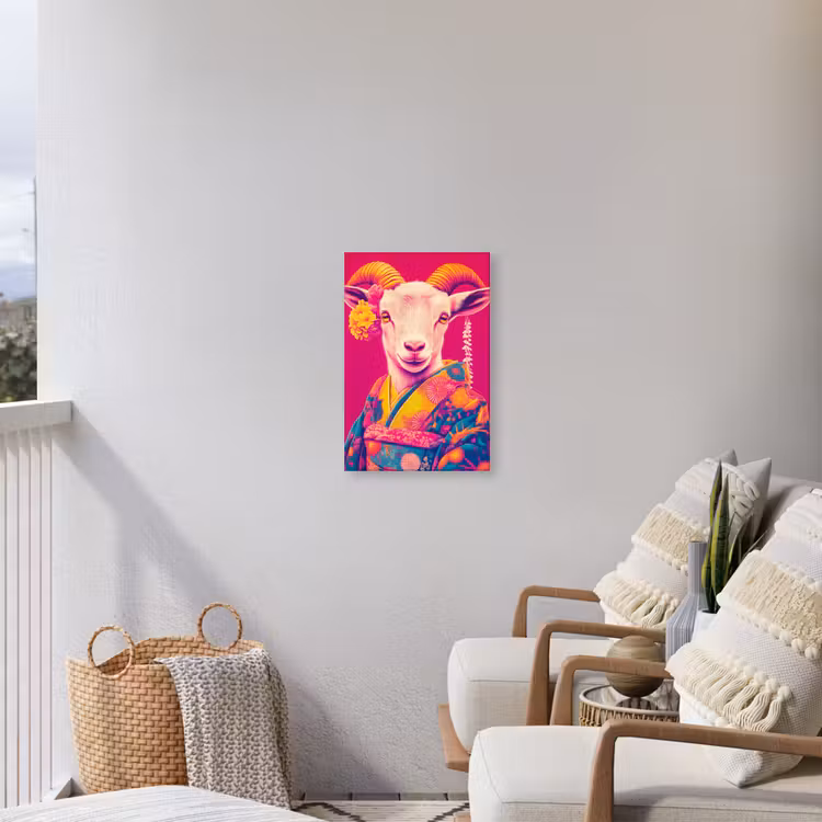 Geit - Hoorns - Kimono - Kleurrijk Tuinposter op houten frame 2 cm dik klein -sfeer1