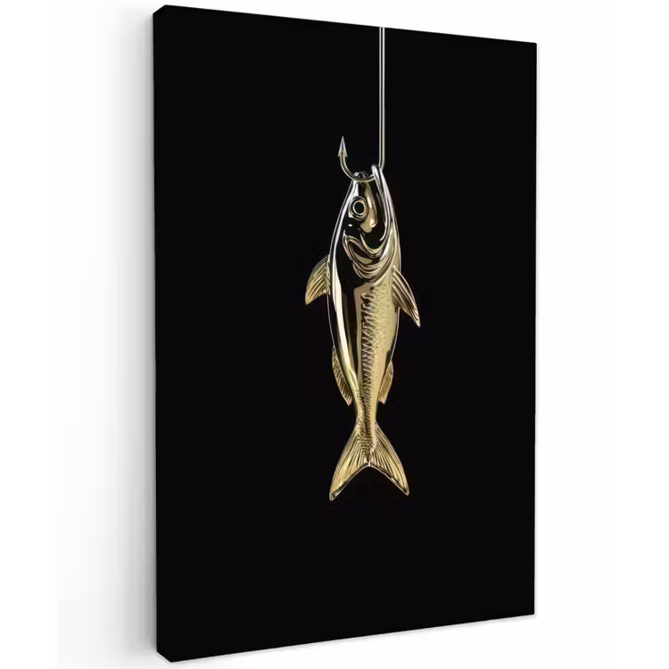 Goud - Vis - Haak - Zwart Tuinposter op houten frame 2 cm dik klein -3d
