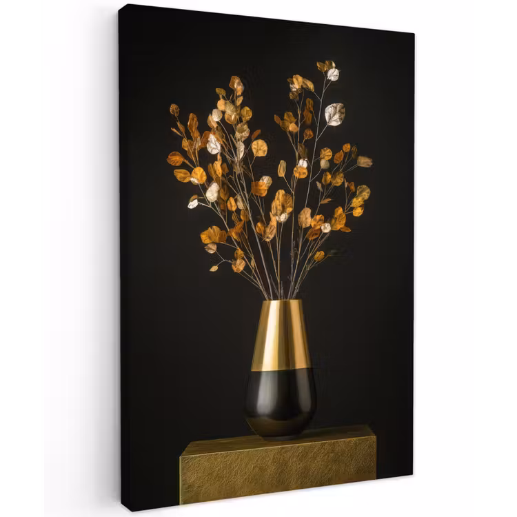 Goudbruine - Bladeren - Vaas - Herfstachtig Tuinposter op houten frame 2 cm dik klein -3d