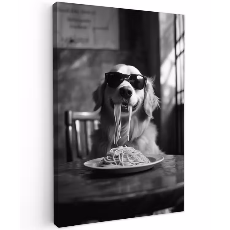Golden Retriever - Hond - Vrolijk -  Bord spaghetti - Zwart - wit Tuinposter op houten frame 2 cm dik klein -3d